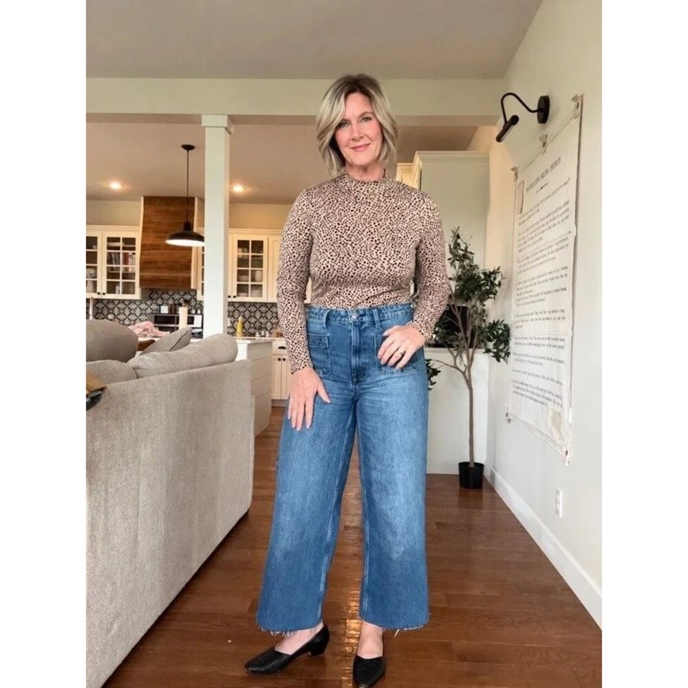 Vintage-Inspired Beige & Black Dotted Mock Neck Top